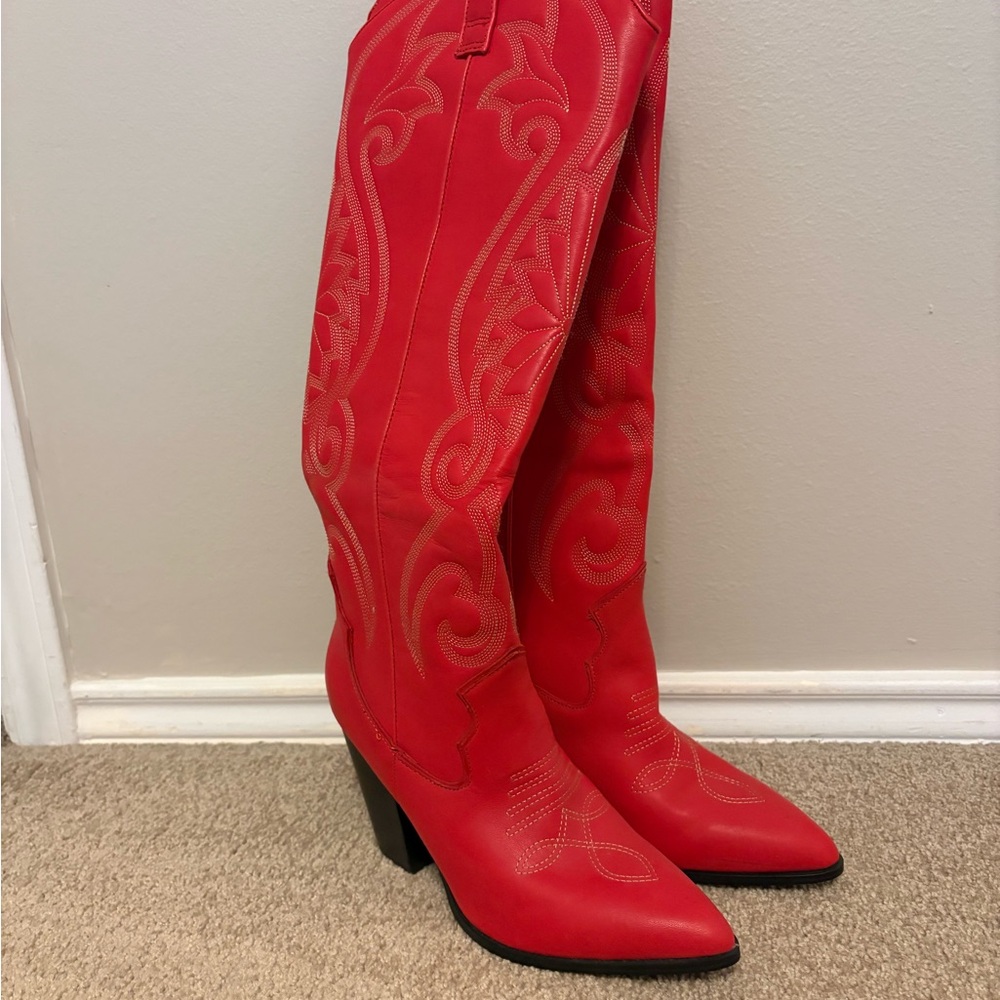 Steve Madden Red Embroidered Heeled Boots